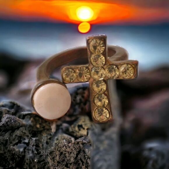 Brass Cross Open Ring Sz 5.5 or 6 Goth Handmade Rhinestone Victorian Religious - Picture 16 of 16